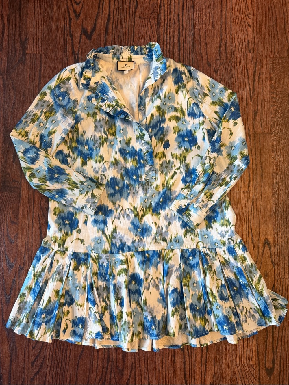 Tuckernuck Tate Dress with Blue Floral Print and Ruffle Hem